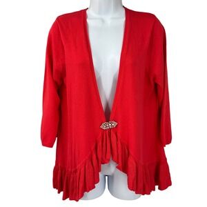 Christina Womens XL Red Ruffle Hem Cardigan Rhinestone Brooch 3/4 Sleeve Party